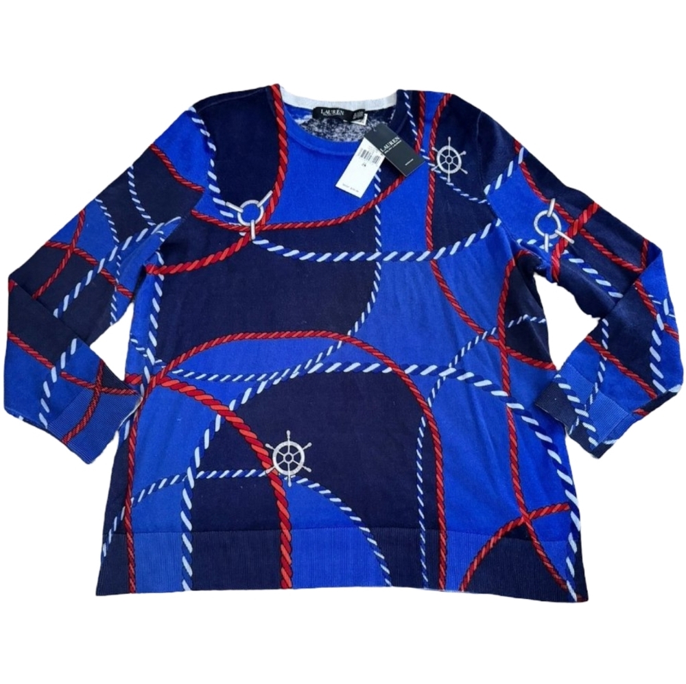 Lauren Ralph Lauren Nautical Rope Ship Wheel Crewneck Sweater Blue‎ Navy 2X New - Picture 5 of 12